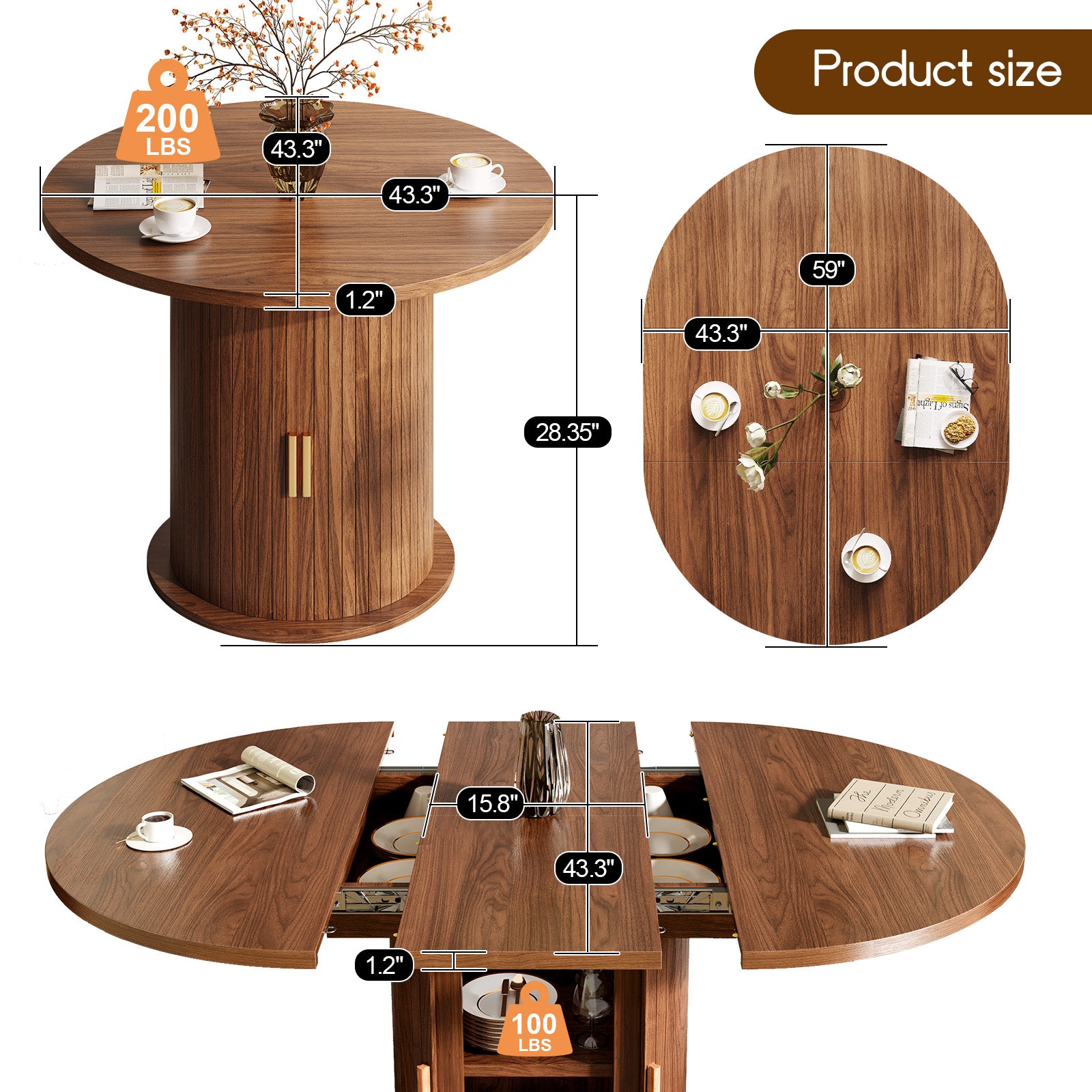 43.3”-59” Extendable Dining Table Set For 4 To 8 People, Modern Farmhouse Table With 2 Self-storing Shelves, T-shaped Base For Stability, Convertible Kitchen Table For Dining Room And Small Spaces