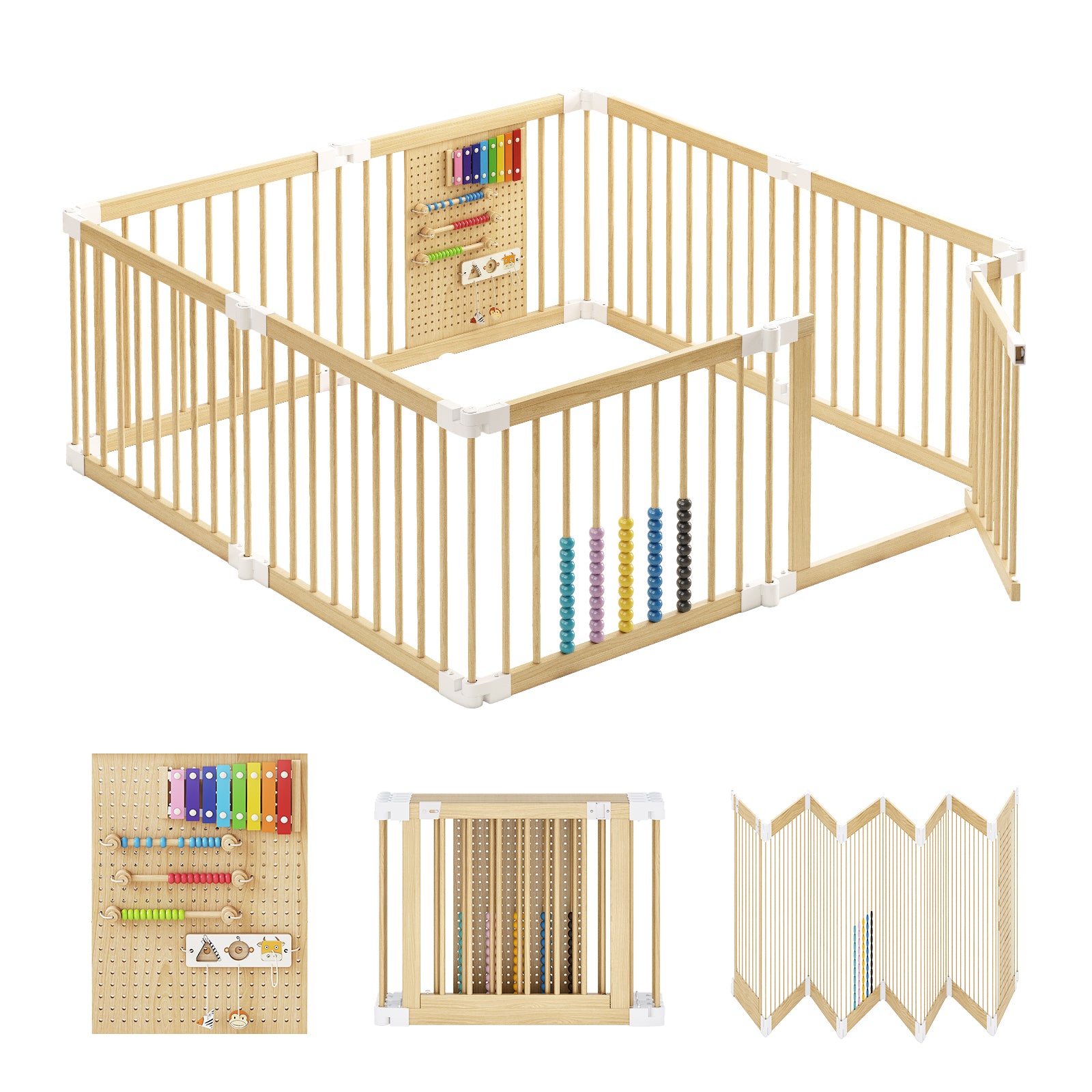 8-panel Solid Pine Wood Baby Playpen - Foldable Safety Gate For Toddlers, Portable Play Yard & Nursery Room Divider, Natural Finish