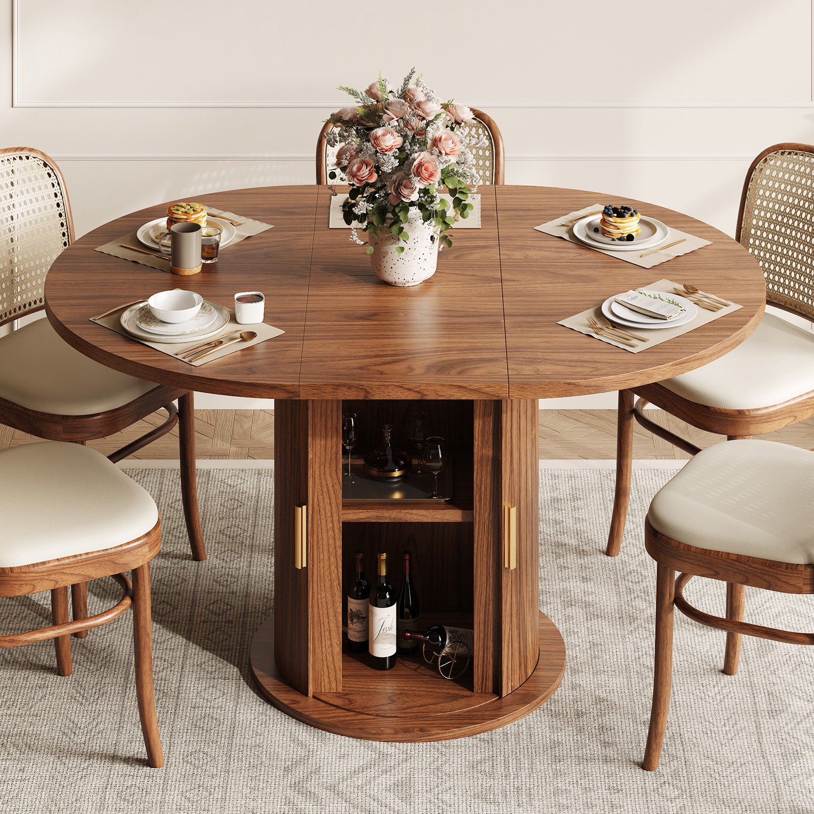 43.3”-59” Extendable Dining Table Set For 4 To 8 People, Modern Farmhouse Table With 2 Self-storing Shelves, T-shaped Base For Stability, Convertible Kitchen Table For Dining Room And Small Spaces