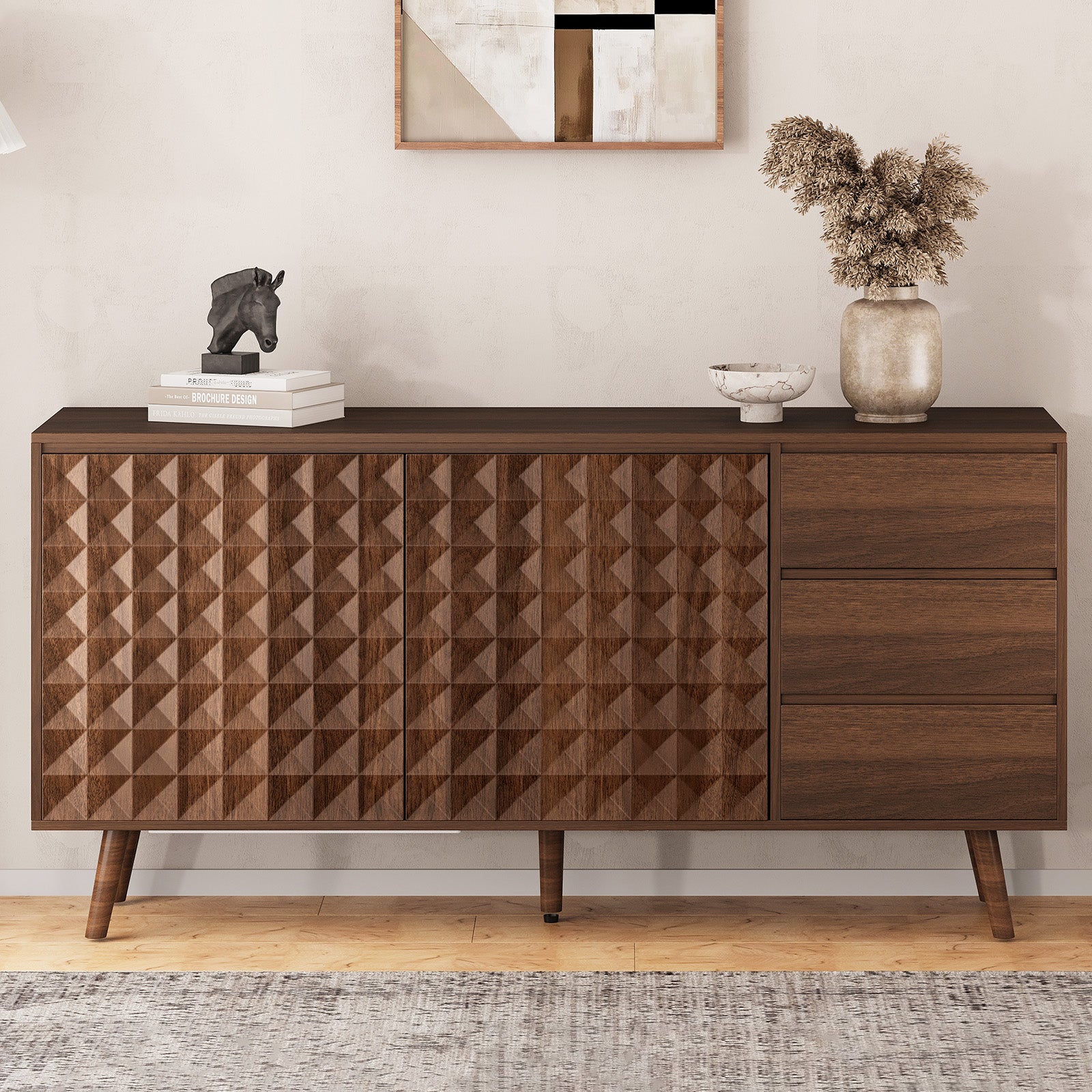 60" Large Sideboard Cabinet With 2 Doors And 3 Drawers, Buffet Cabinet With Storage Coffee Bar Cabinet For Kitchen, Dining Room, Entryway