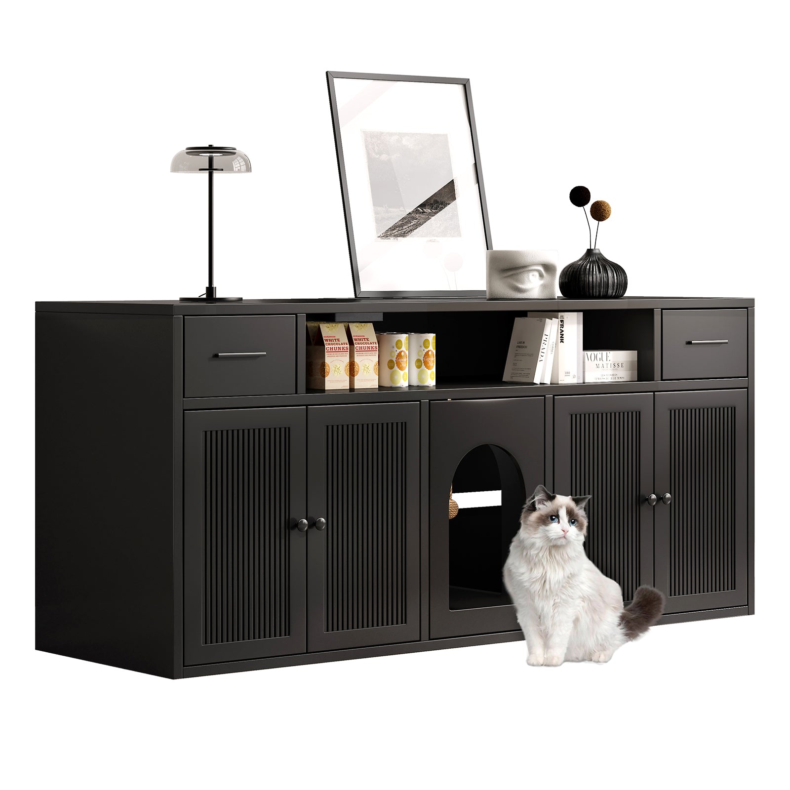 Hidden Cat Litter Box Enclosure, Privacy & Odor Control With Storage, With Cat Scratching Mat & Interactive Toy Ball, Double Room Large Cat Cabinet, Indoor Cat House, Tv Stand, Side Table, Cat Washroom