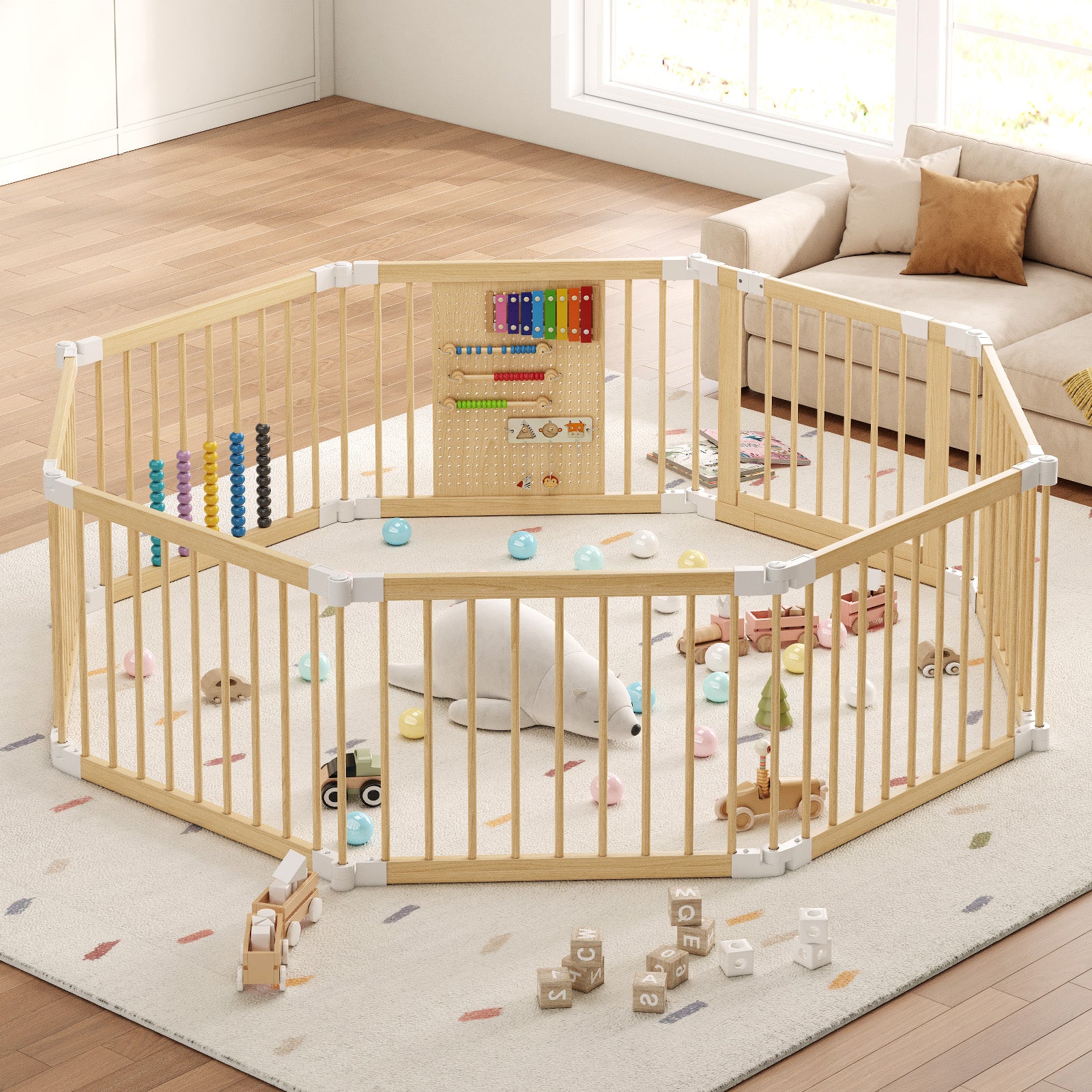 8-panel Solid Pine Wood Baby Playpen - Foldable Safety Gate For Toddlers, Portable Play Yard & Nursery Room Divider, Natural Finish