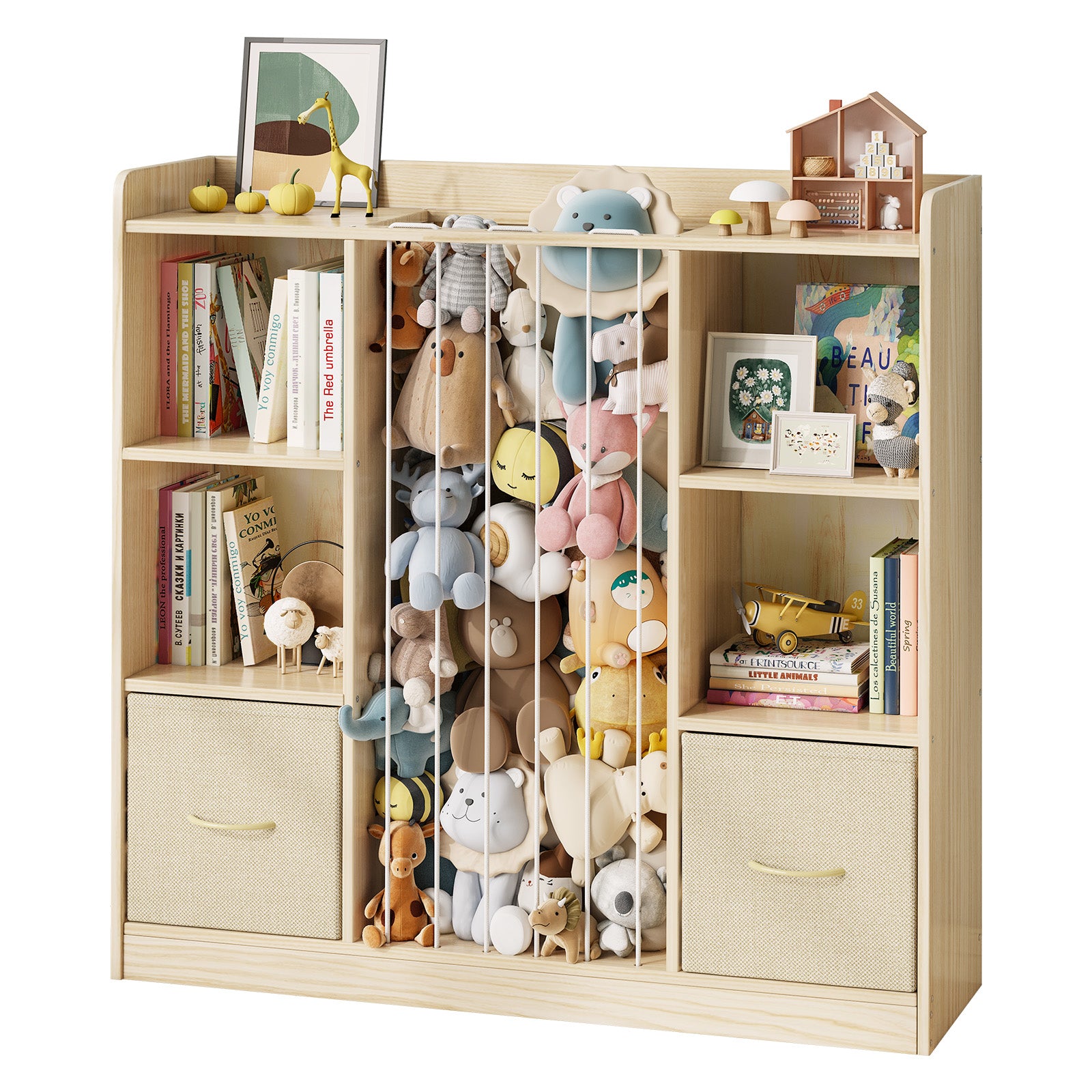 Kids Bookshelf And Stuffed Animal Storage, Multifunctional 6-cubby Kids Bookcase With 2 Drawers & Large Toy Storage For Playroom, Nursery Or Bedroom