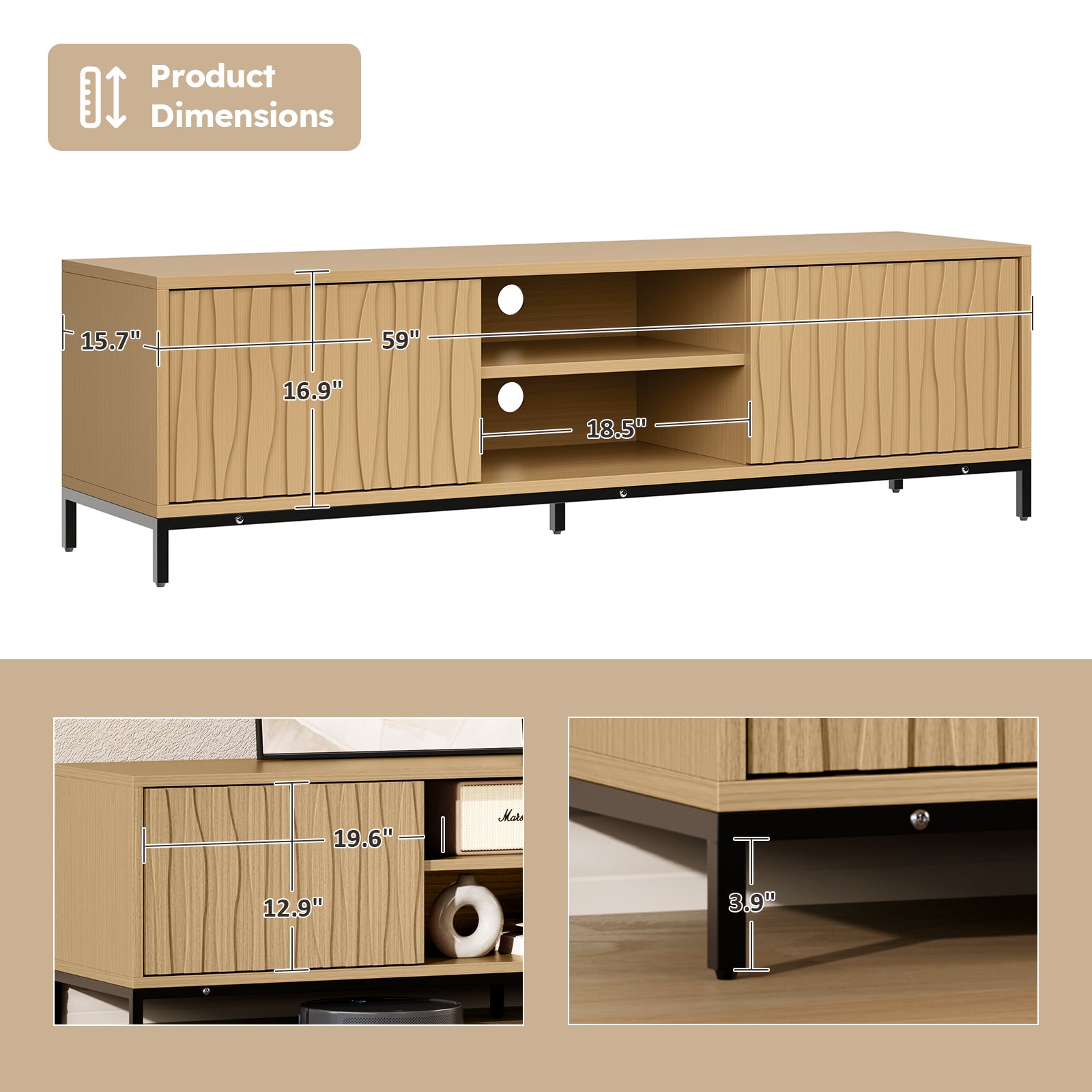 59” Tv Stand For 50/55/65 Inch Tv Entertainment Center With Storage Cabinet Modern Tv Console For Living Room And Bedroom