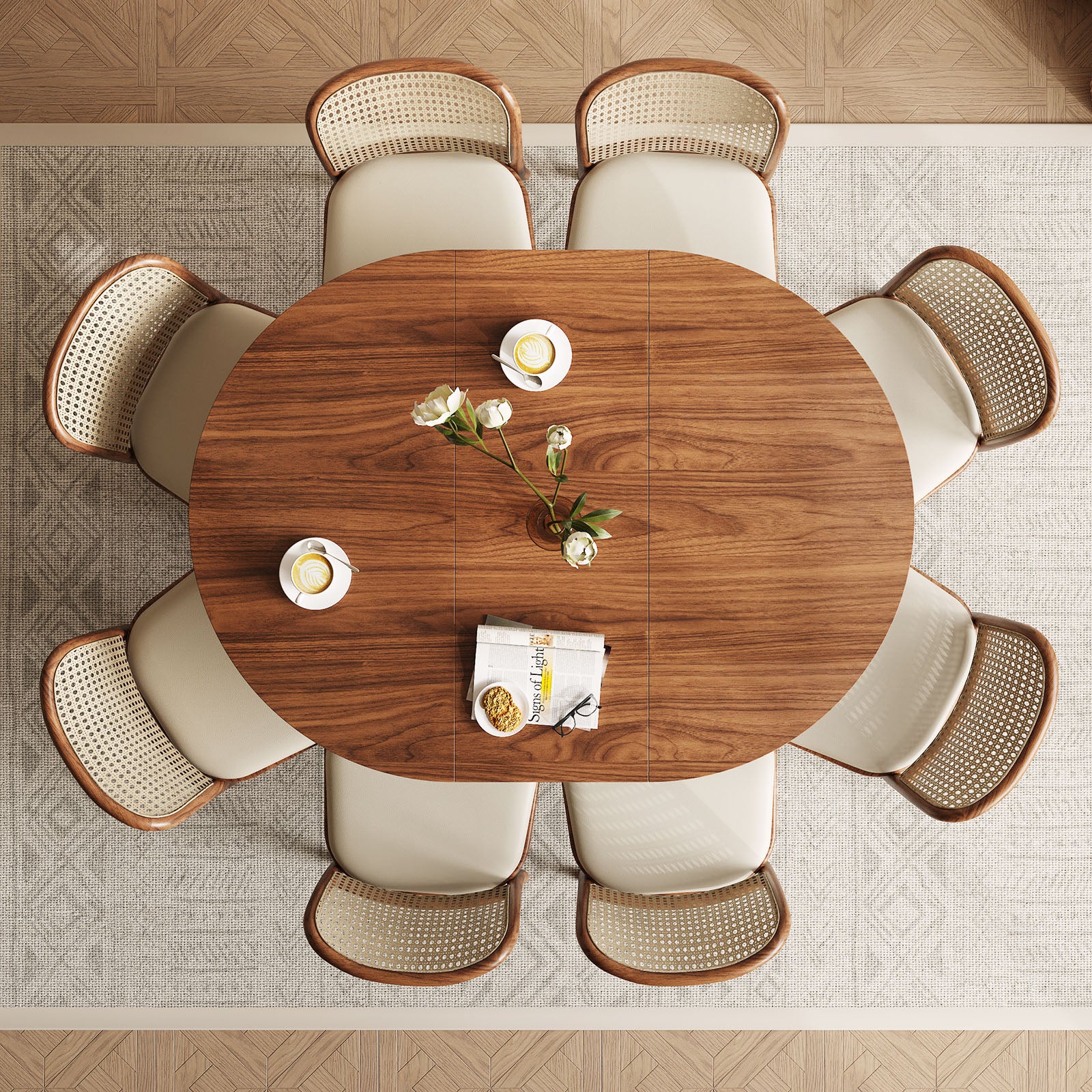 43.3”-59” Extendable Dining Table Set For 4 To 8 People, Modern Farmhouse Table With 2 Self-storing Shelves, T-shaped Base For Stability, Convertible Kitchen Table For Dining Room And Small Spaces