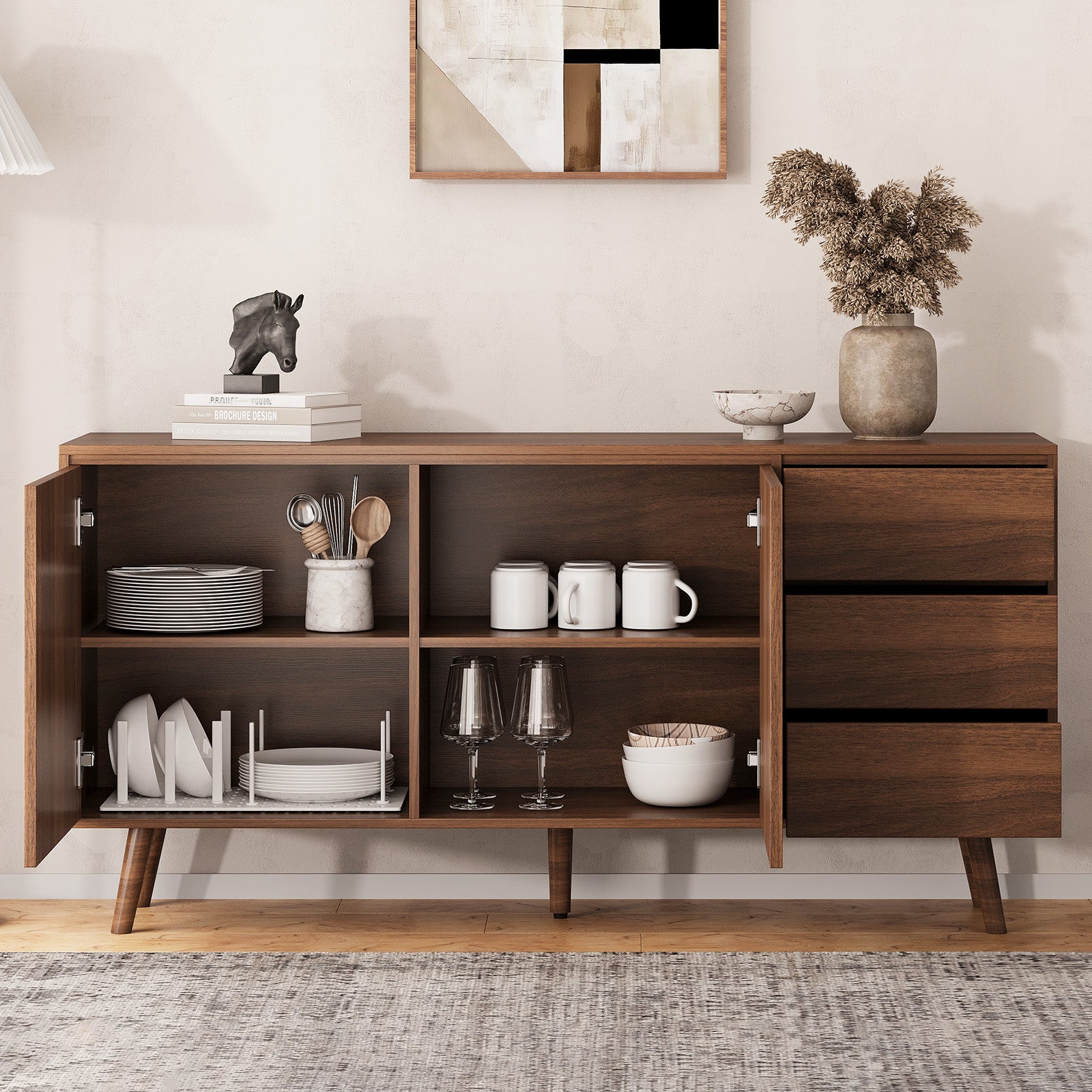 60" Large Sideboard Cabinet With 2 Doors And 3 Drawers, Buffet Cabinet With Storage Coffee Bar Cabinet For Kitchen, Dining Room, Entryway