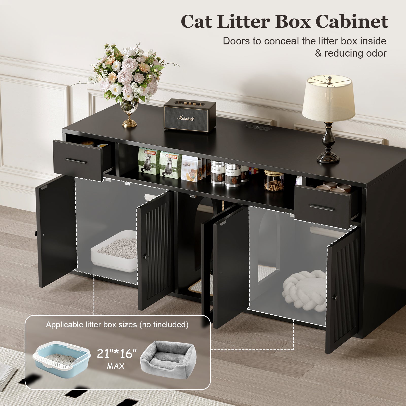Hidden Cat Litter Box Enclosure, Privacy & Odor Control With Storage, With Cat Scratching Mat & Interactive Toy Ball, Double Room Large Cat Cabinet, Indoor Cat House, Tv Stand, Side Table, Cat Washroom