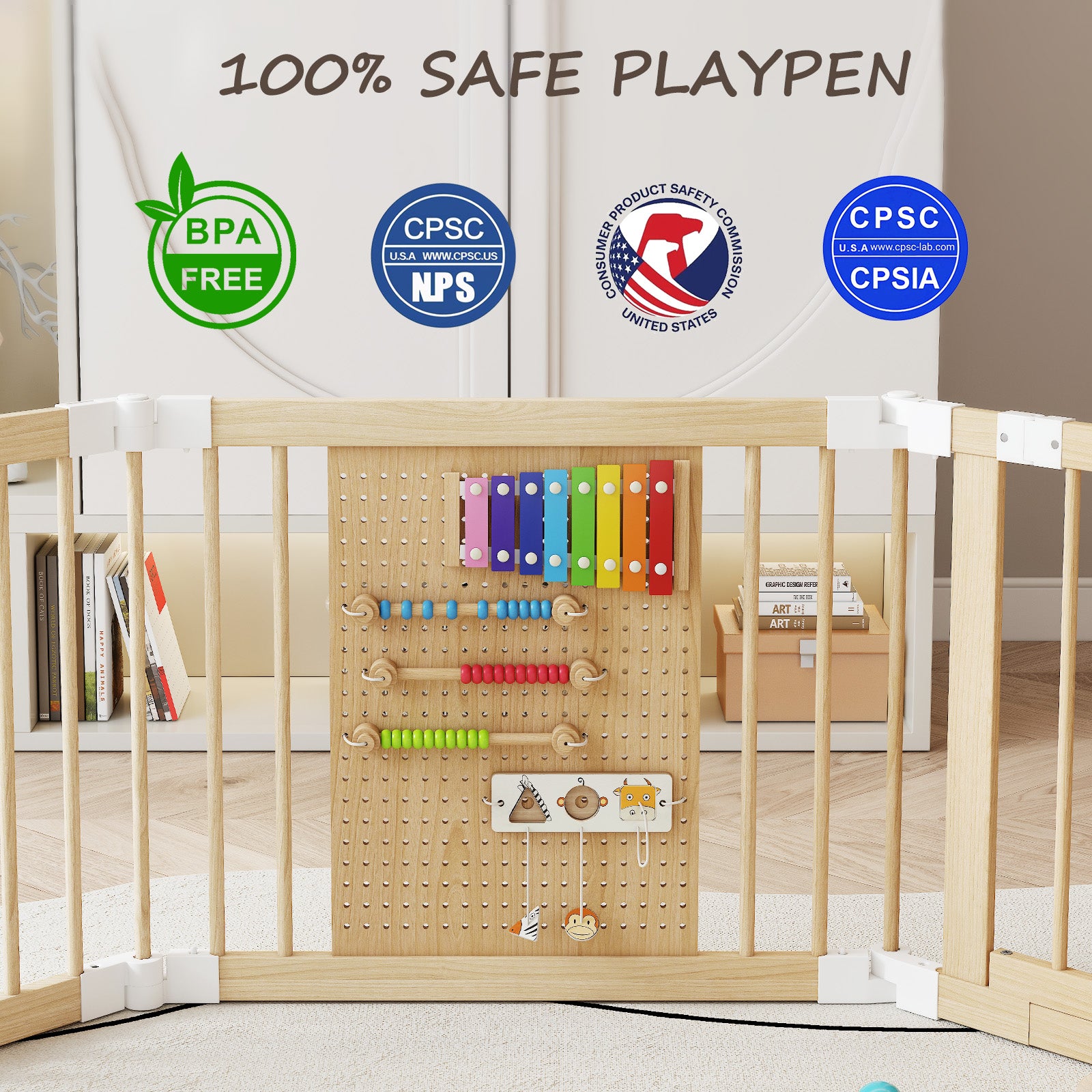 8-panel Solid Pine Wood Baby Playpen - Foldable Safety Gate For Toddlers, Portable Play Yard & Nursery Room Divider, Natural Finish
