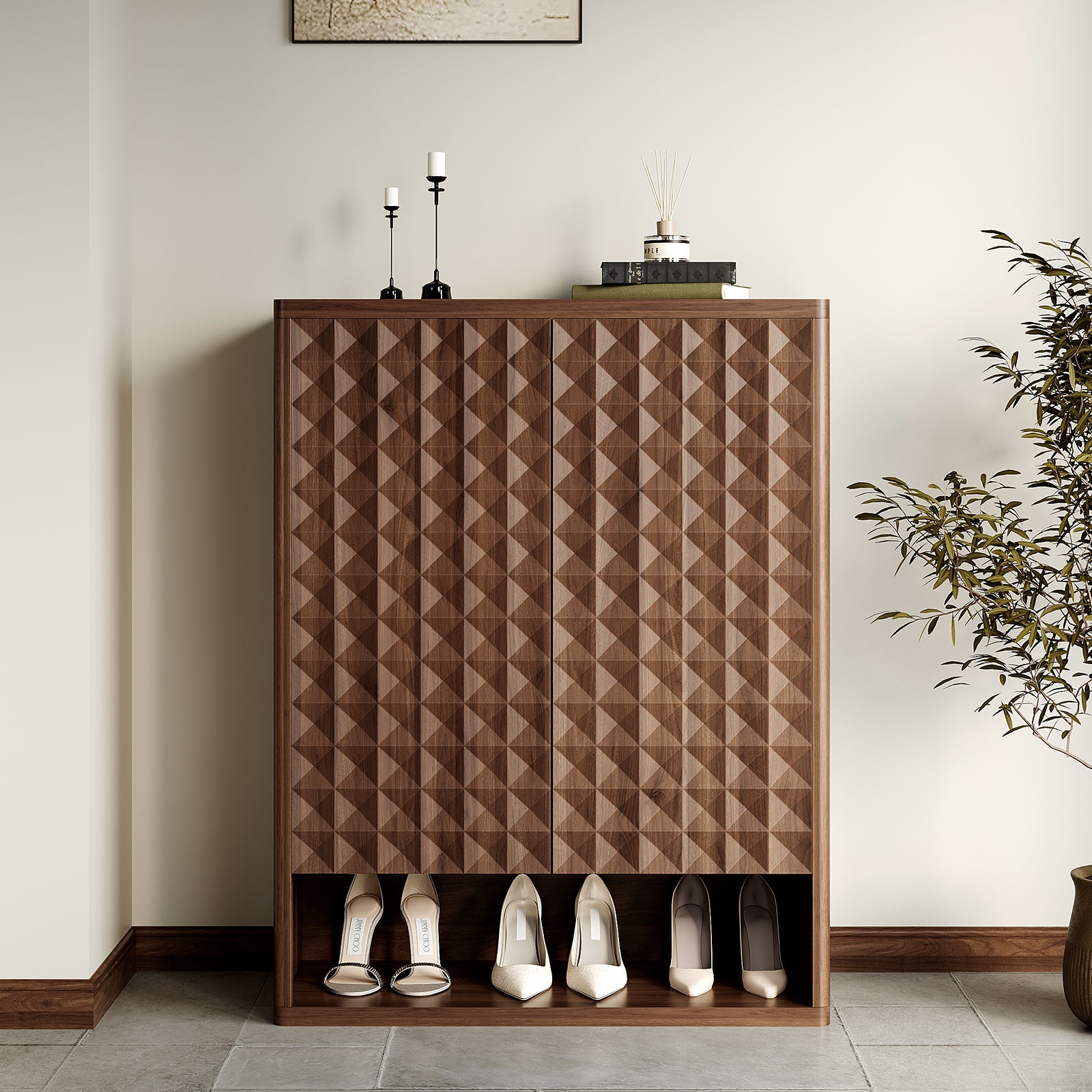 20-pair Capacity Shoe Cabinet With Diamond Pattern Texture & Adjustable Shelves - Handle-free, Space-saving Large Entryway Storage Organizer, Modern 2-door Locker