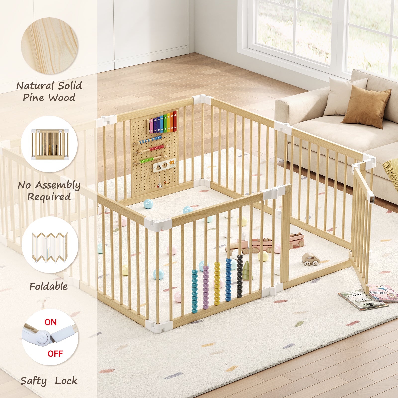 8-panel Solid Pine Wood Baby Playpen - Foldable Safety Gate For Toddlers, Portable Play Yard & Nursery Room Divider, Natural Finish