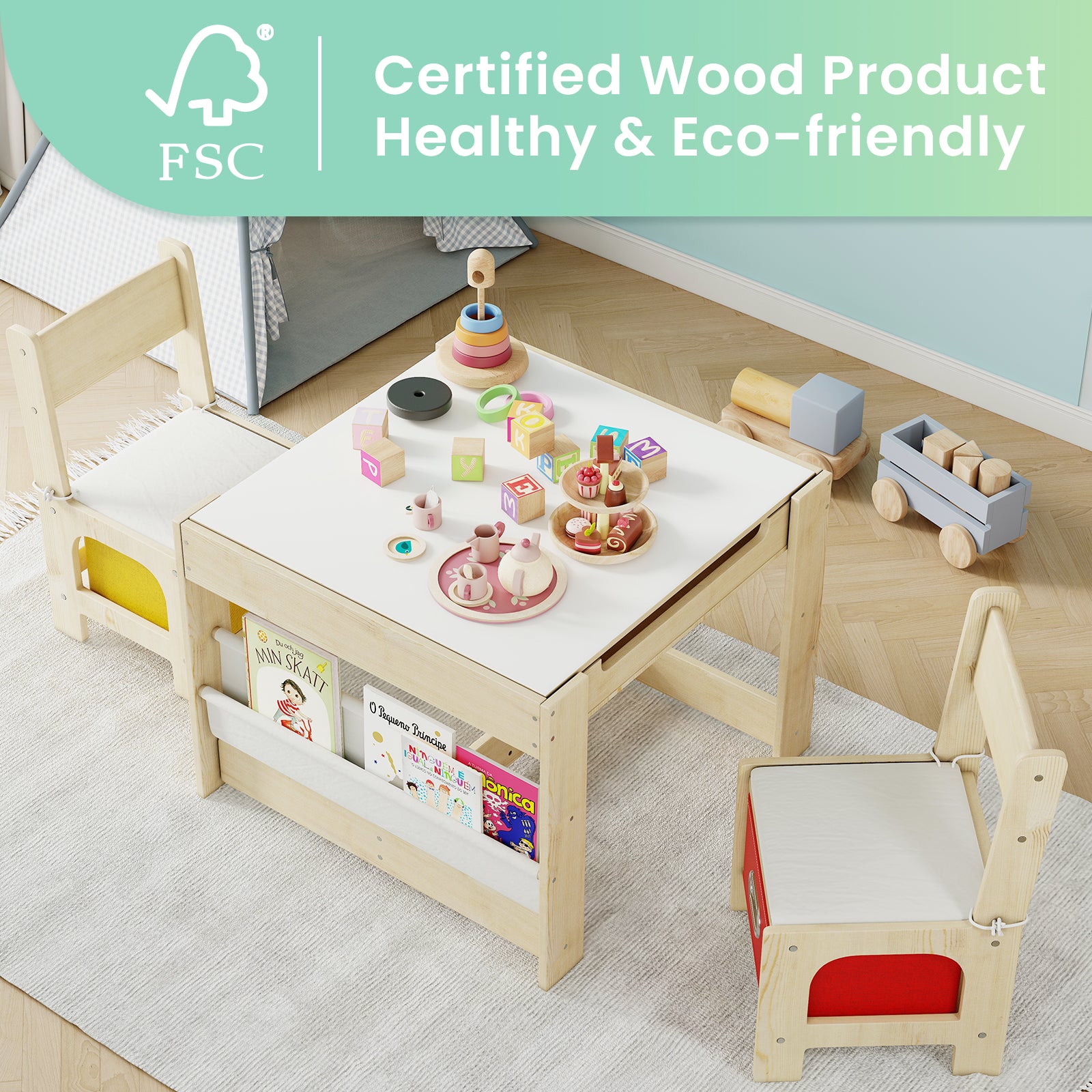 Kids Table And Chairs, Wooden Kids Table And Chair Set, Kids Table With Removable Blackboard, Toddler Table And Chairs With Storage Drawer, Kids Activity Table For Daycare, Classroom, Playroom