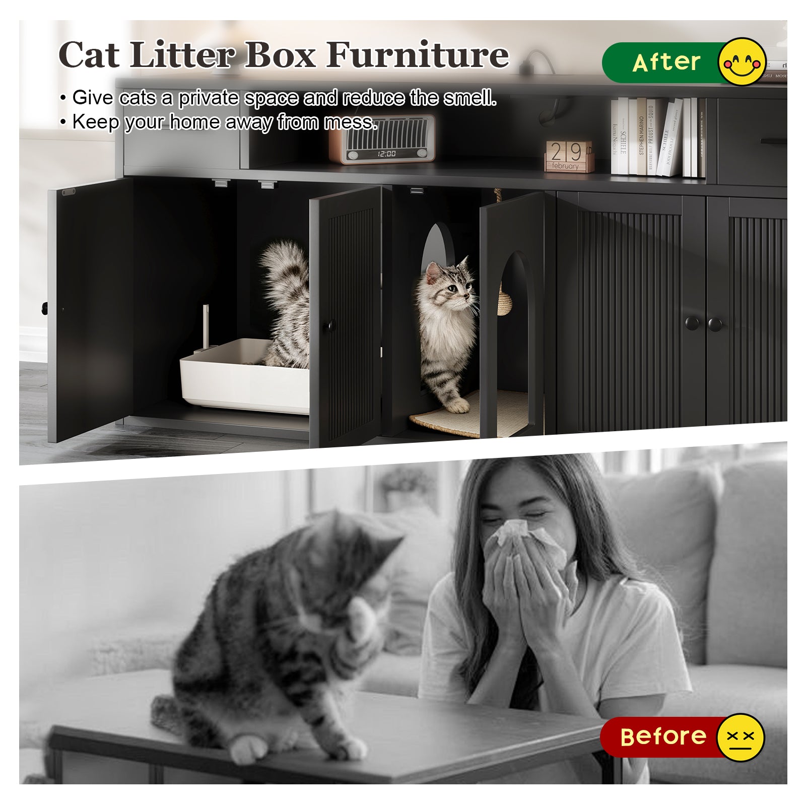 Hidden Cat Litter Box Enclosure, Privacy & Odor Control With Storage, With Cat Scratching Mat & Interactive Toy Ball, Double Room Large Cat Cabinet, Indoor Cat House, Tv Stand, Side Table, Cat Washroom
