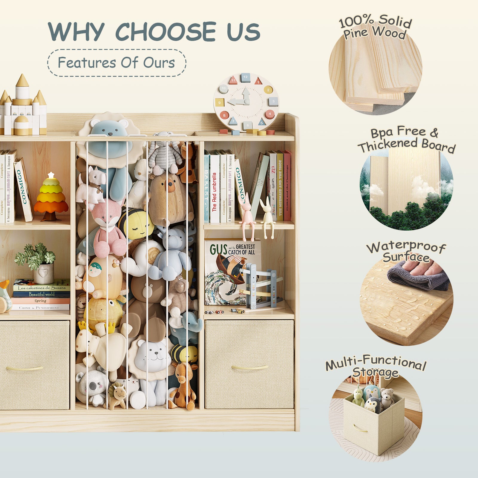 Kids Bookshelf And Stuffed Animal Storage, Multifunctional 6-cubby Kids Bookcase With 2 Drawers & Large Toy Storage For Playroom, Nursery Or Bedroom