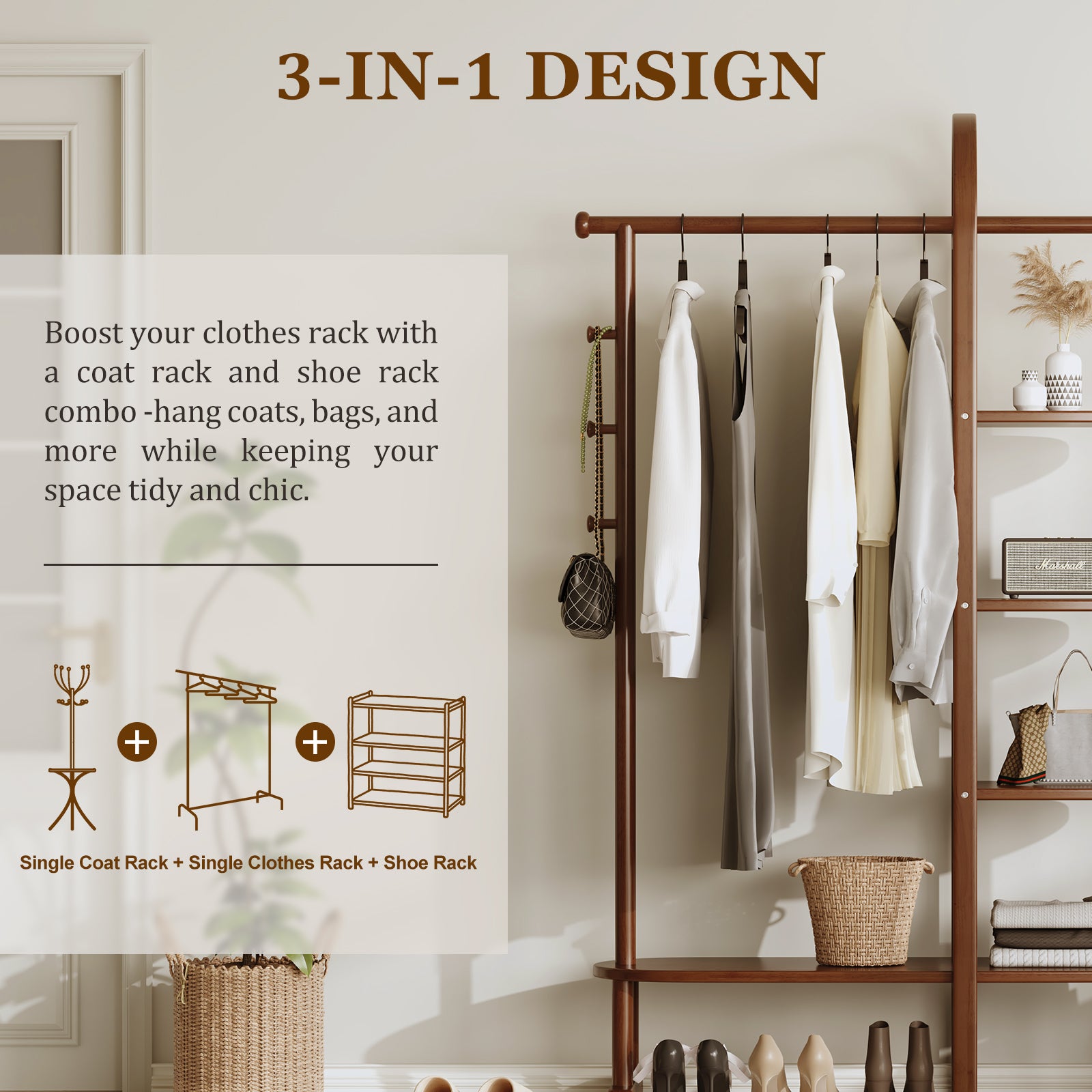 Solid Wood Clothes Rack, Clothing Racks For Hanging Clothes, Coat Rack Freestanding With 5 - Hook, 4 Shelves For Hall, Bedroom, Living Room