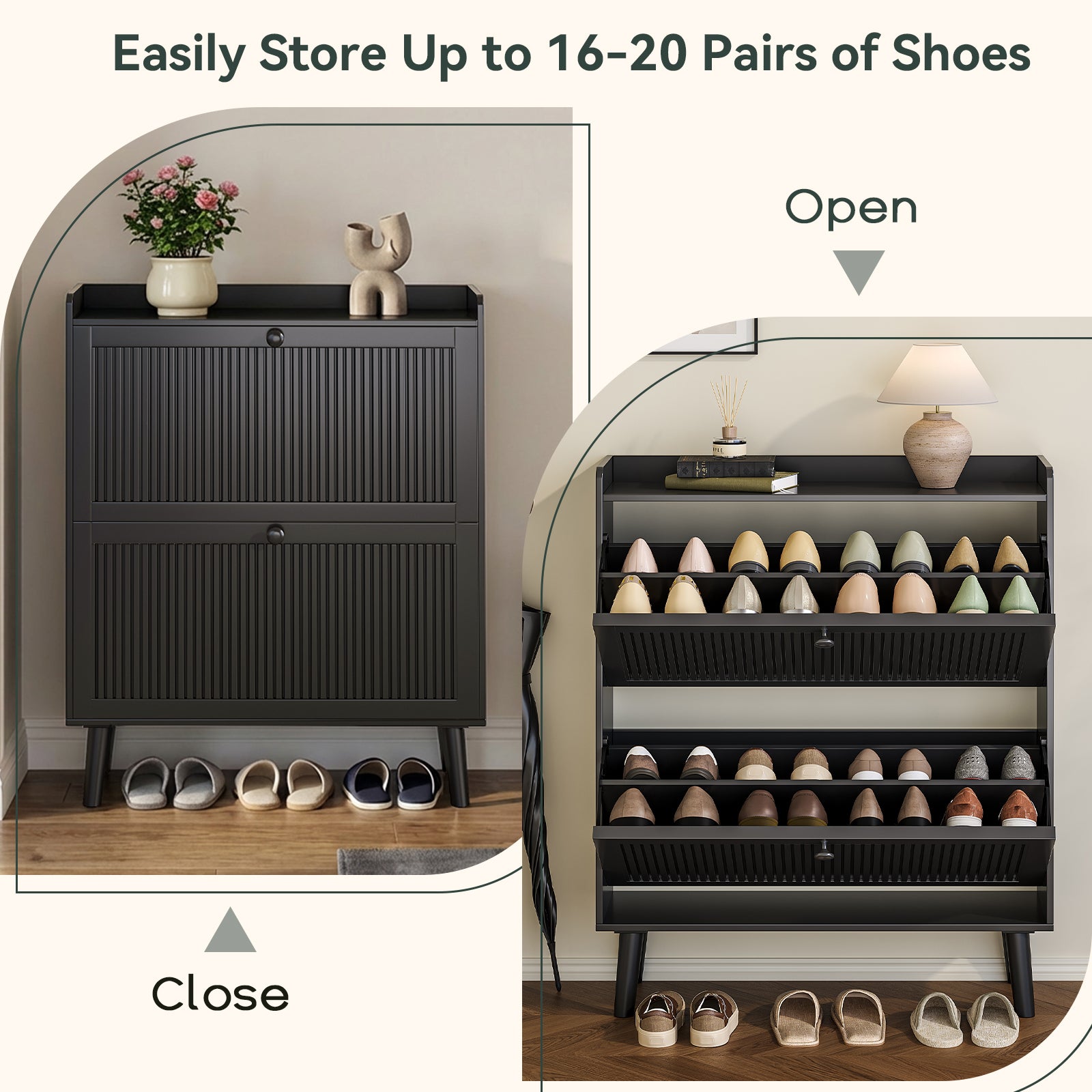 16 Pair Shoe Storage Cabinet with 2 Flip Drawers