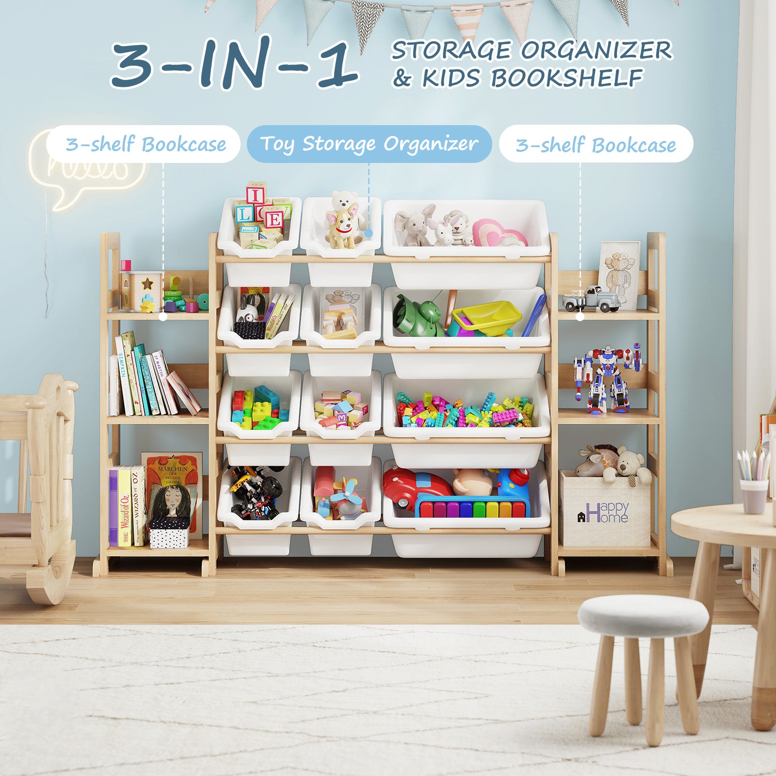 Toy Storage Organizer - Toy Organizers And Storage With Bookshelf, Toy Storage Shelf With 4 Shelves And 12 Storage Bins, Kids Bookshelf And Toy Storage For Kids Room, Playroom, Nursery