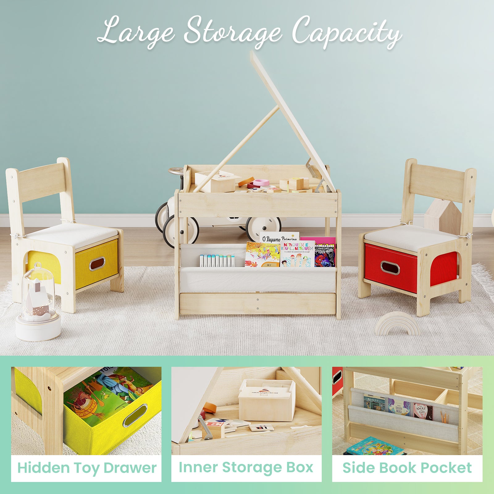 Kids Table And Chairs, Wooden Kids Table And Chair Set, Kids Table With Removable Blackboard, Toddler Table And Chairs With Storage Drawer, Kids Activity Table For Daycare, Classroom, Playroom