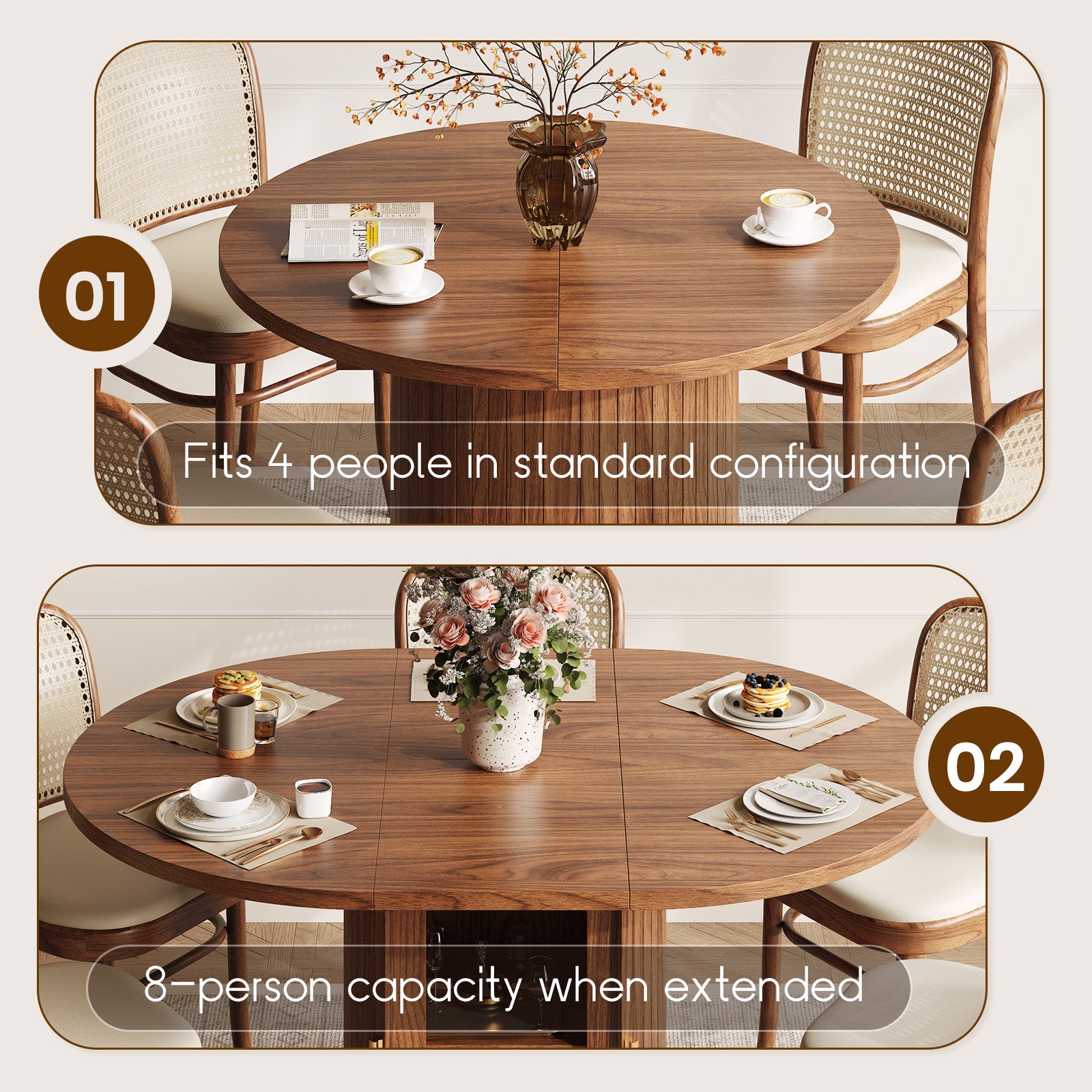 43.3”-59” Extendable Dining Table Set For 4 To 8 People, Modern Farmhouse Table With 2 Self-storing Shelves, T-shaped Base For Stability, Convertible Kitchen Table For Dining Room And Small Spaces